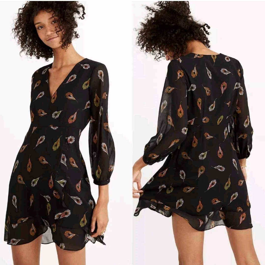 Madewell 0.Dress Black Peacock Feathers Wrap Poppy A Line V Neck Long Sleeve